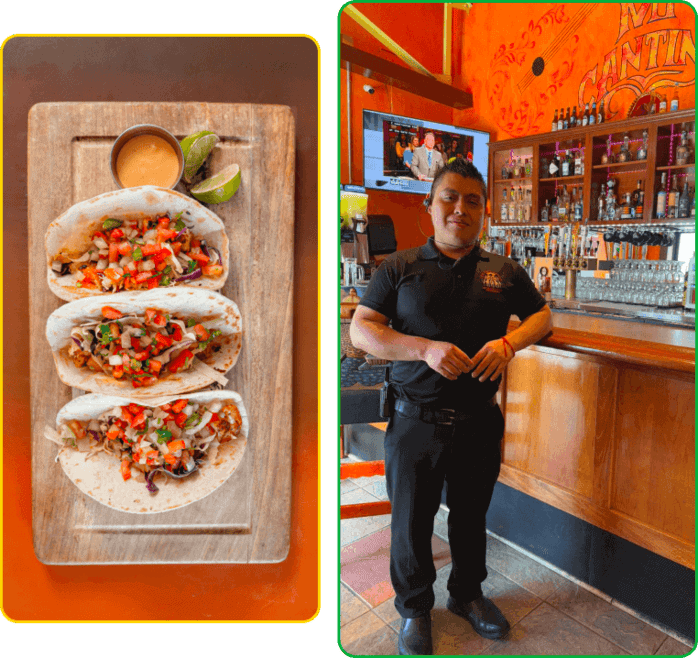 Delicious tacos topped with fresh salsa served with lime wedges on a wooden board. Perfect for a fla.
