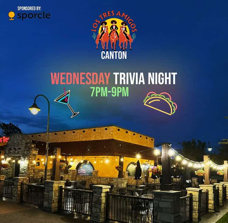 Nighttime view of Los Tres Amigos restaurant hosting Wednesday trivia from 7PM to 9PM.
