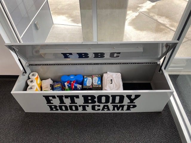 Storage chest with fitness supplies at Fitt Body Bootcamp.