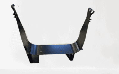 Black metal fabricated part with mounting holes on a white background.