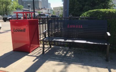Metal bench and trash receptacle with Lynch's Metal Fab Lowell branding.