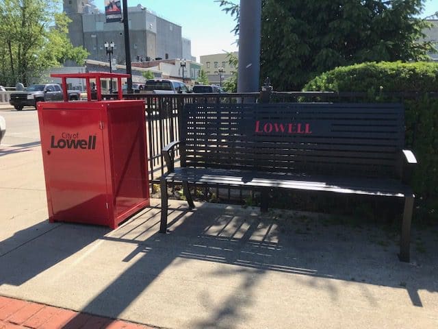 Metal bench and trash receptacle with Lynch's Metal Fab Lowell branding.