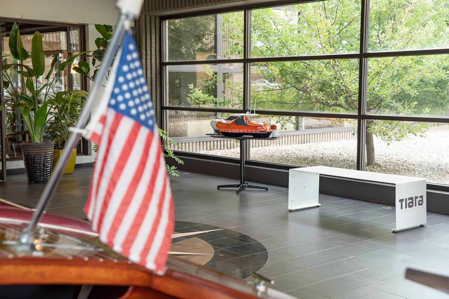 Interior view of Lynch's Metal Fab with model ship display and large windows.