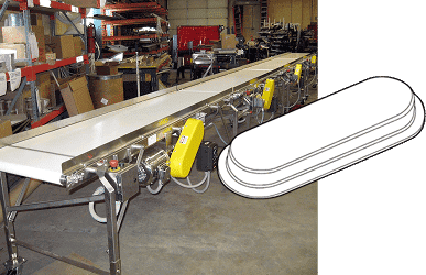 Conveyor safety cover with yellow safety sensors and protective enclosure for industrial machinery.