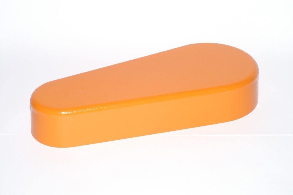 Orange machine guard cover for industrial safety and equipment protection.