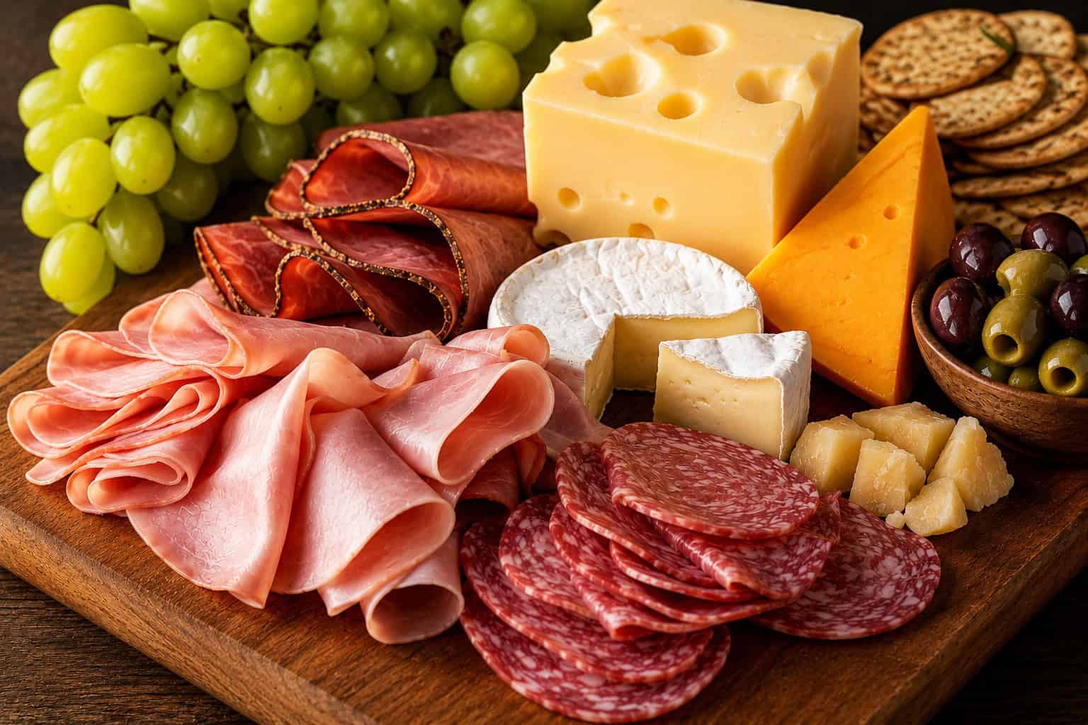 Delicious cheese and cured meats on a wooden board, perfect for wine and appetizer gatherings.