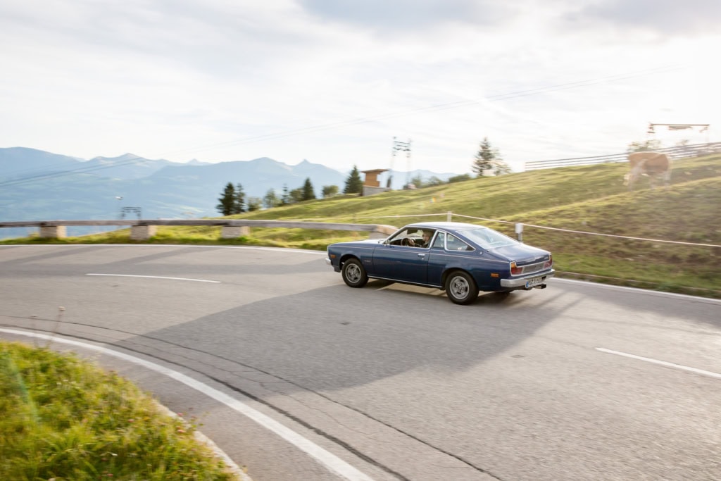 Driving the Roßfeldstraße in Berchtesgaden in an historic Mazda RX 5 for Mazda Magazine