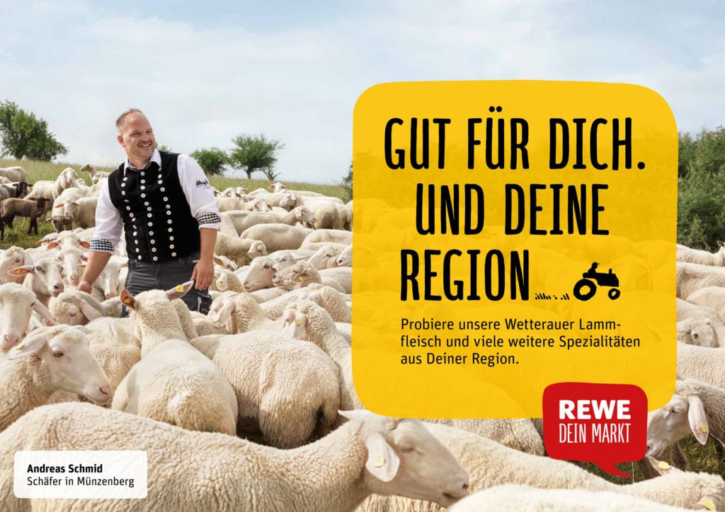 REWE Regional Testimonial Kampagne. Regionale Lieferanten und Landwirte mit ihren Produkten vor Ort, wo die Produkte herkommen