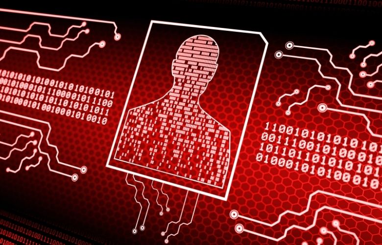 Rote Digitalgrafik mit Binärcode und einer Personensilhouette als Symbol für sichere Praxis-IT.