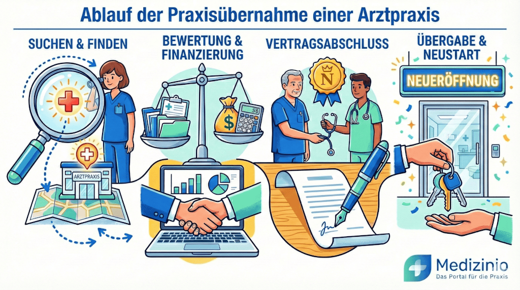 Infografik zum Ablauf einer Praxisübernahme in vier Schritten: Suche, Bewertung, Vertrag und Schlüsselübergabe.