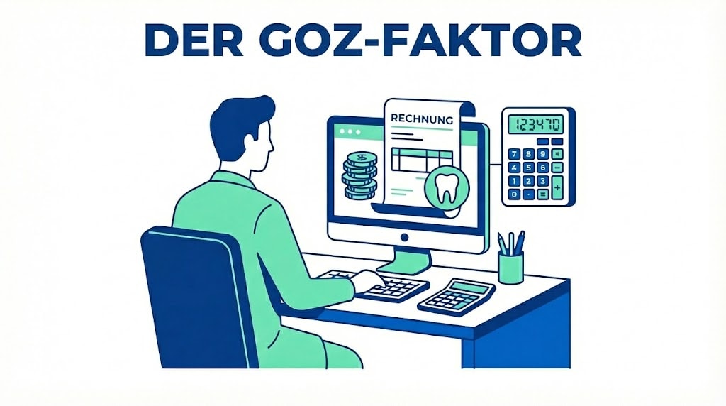 Grafik zum GOZ-Faktor mit einem Zahnarzt am PC, einer Zahnarztrechnung auf dem Bildschirm und einem großen Taschenrechner.