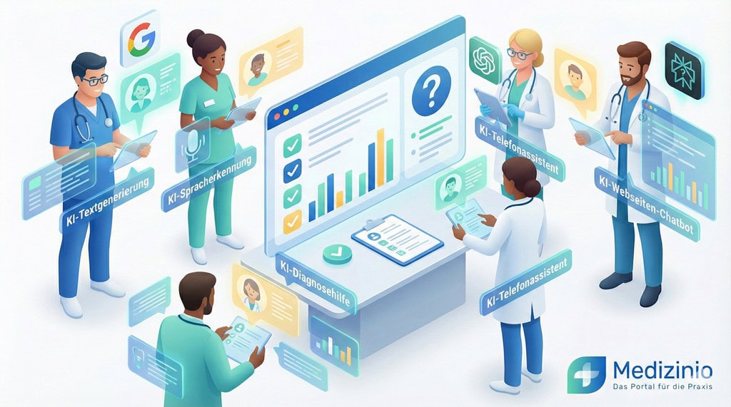 Ärzte und MFA nutzen KI-Anwendungen wie Diagnosehilfe und Sprachsteuerung auf digitalen Geräten in einer Praxis.