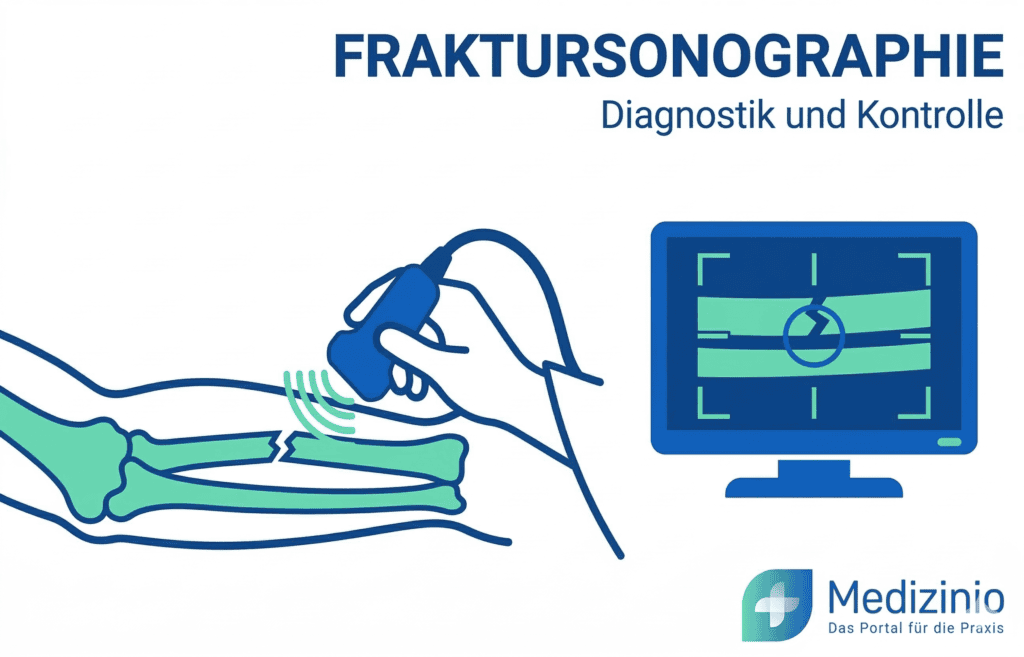 Illustration einer Fraktursonographie am Unterarm mit Darstellung des Knochenbruchs auf einem Monitor.