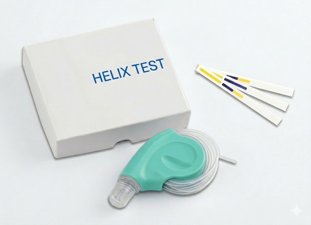 Ein Helix-Test-Set für einen Autoklaven bestehend aus einem türkisfarbenen Prüfkörper, drei Indikatorstreifen und einer weißen Verpackung.