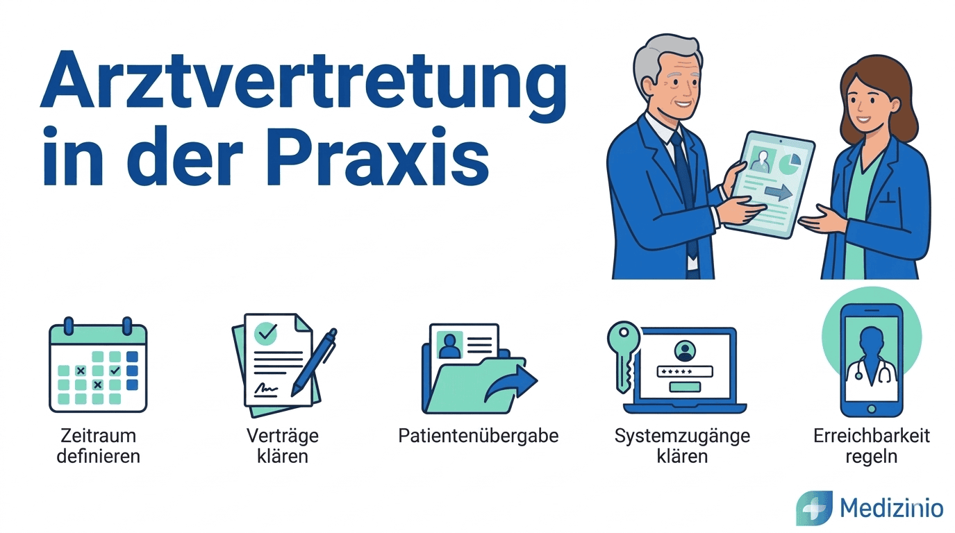Infografik zur Arztvertretung in der Praxis mit Checkliste-Icons für Verträge, Übergabe und Systemzugänge.