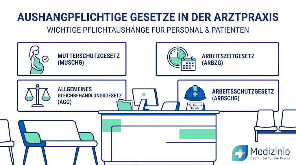 Infografik zu aushangpflichtigen Gesetzen in der Arztpraxis mit Symbolen für MuSchG, ArbZG, AGG und ArbSchG vor Empfangstresen.