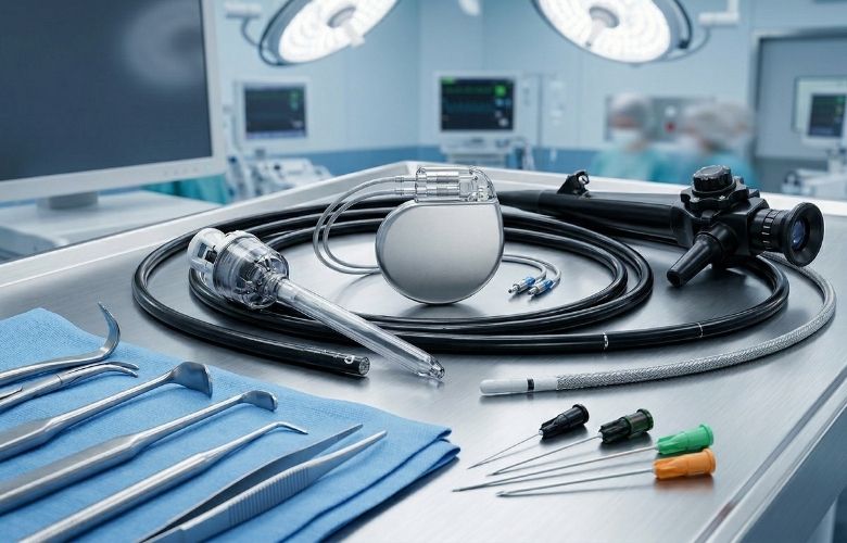 Sterile chirurgische Instrumente, ein Herzschrittmacher und ein Endoskop auf einem Metalltablett im Operationssaal.