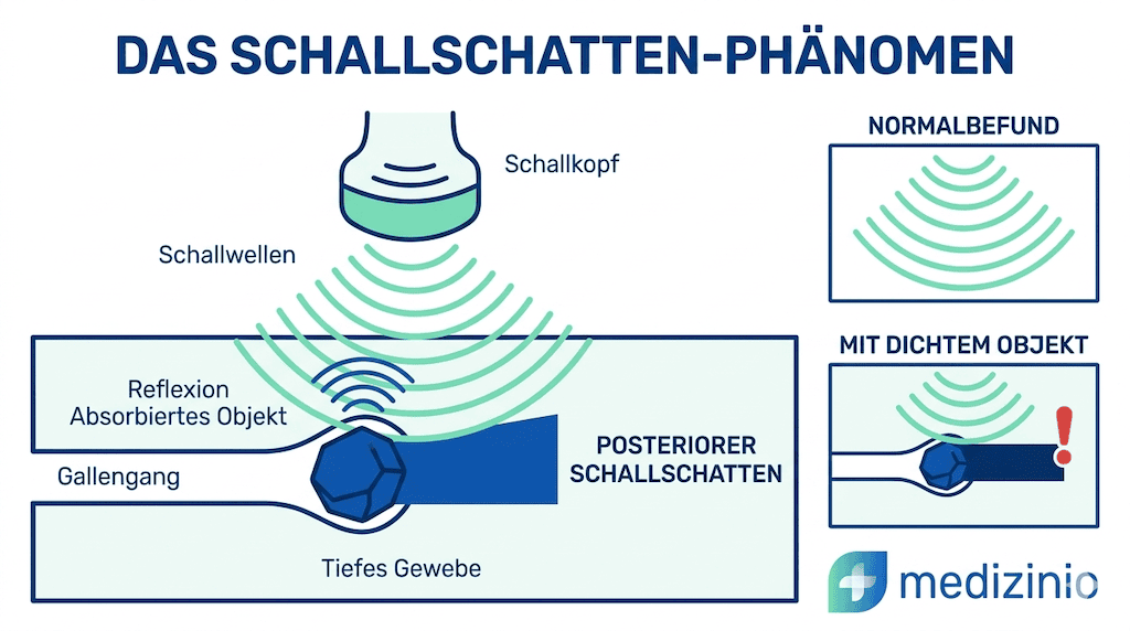 Infografik zum Schallschatten in der Sonographie mit Darstellung eines Gallensteins und des posterioren Schattenwerfens.