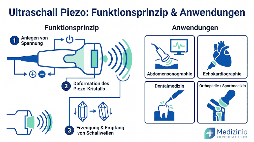 Infografik zum Piezo-Prinzip in Ultraschallsonden sowie Anwendungsbeispielen wie Echokardiographie und Dentalmedizin.