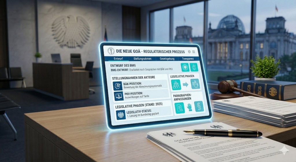 Beleuchtetes Tablet auf einem Schreibtisch, das den Status des 'Regulatorischen Prozesses der neuen GOÄ' darstellt, mit Details zu BMG-Entwurf, Stellungnahmen und legislativen Phasen. Im Hintergrund das Reichstagsgebäude (Bundestag).