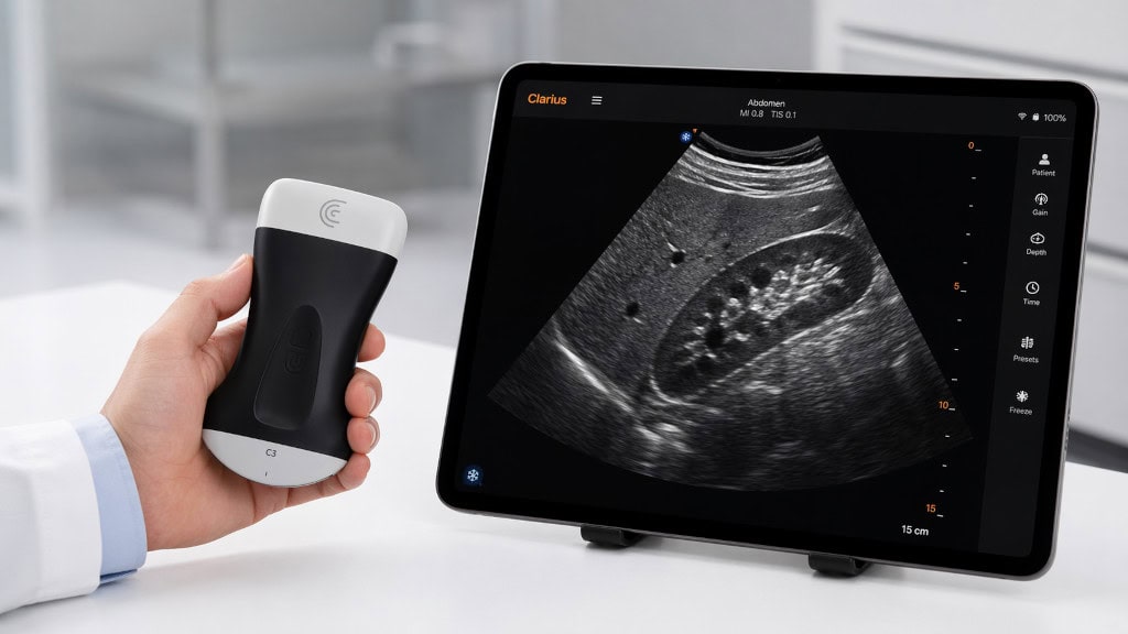 Hand hält Clarius C3 HD3 Ultraschallsonde neben iPad Pro mit hochauflösendem Ultraschallbild in klinischer Umgebung