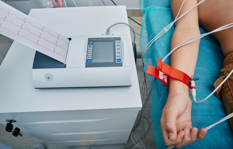 Modernes EKG-Gerät in einer Arztpraxis mit Herzkurven-Ausdruck und roter Elektrode am Handgelenk eines Patienten.