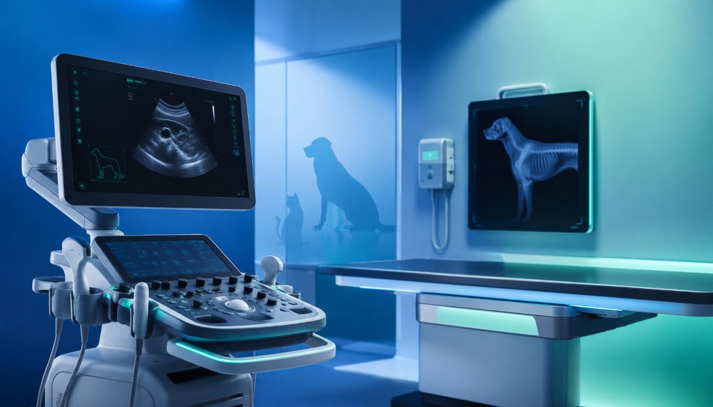 Moderne Medizingeräte für Tierärzte: Ultraschall- und Röntgenmonitore in einer professionell ausgestatteten Praxis.