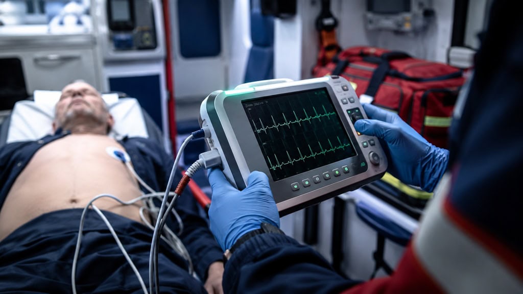 Sanitäter hält Notfall-EKG-Gerät mit Herzfrequenzkurve im Rettungswagen vor einem liegenden Patienten.