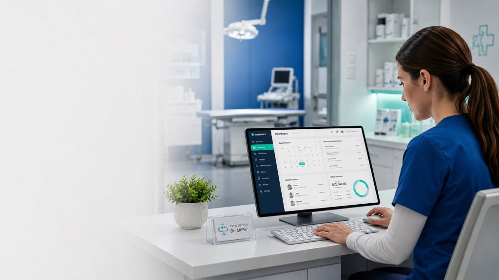 Eine Tierärztin nutzt moderne Praxissoftware am Computer für die Verwaltung und Terminplanung in einer Praxis.