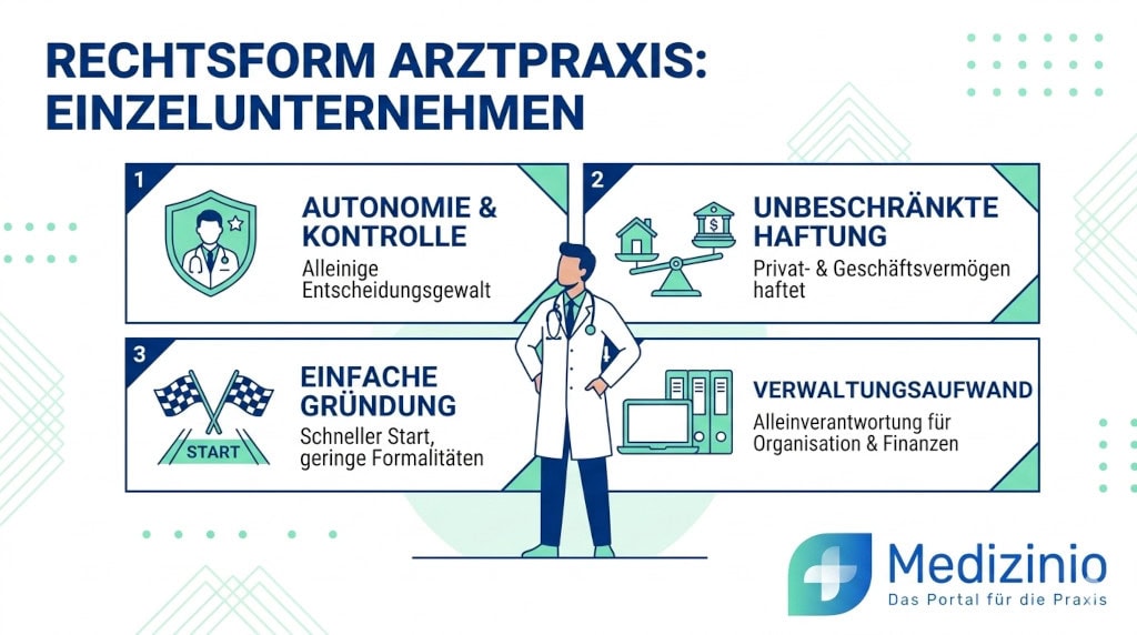 Infografik zur Rechtsform Einzelunternehmen für die Arztpraxis mit einem Arzt und Icons zu Haftung und Gründung.