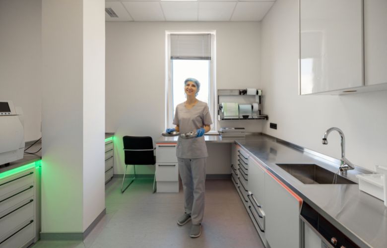 Lächelnde Sterilisationsassistentin in Schutzkleidung hält Edelstahlschalen in einem modernen, hellen Sterilisationsraum.