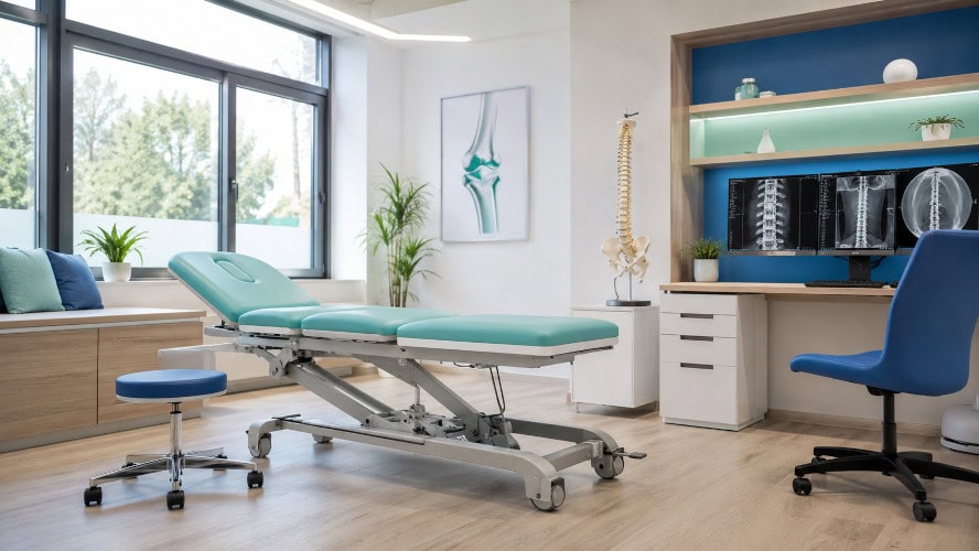 Moderne Praxiseinrichtung der Orthopädie mit Untersuchungsliege, Wirbelsäulenmodell und Röntgenaufnahmen auf Monitoren.