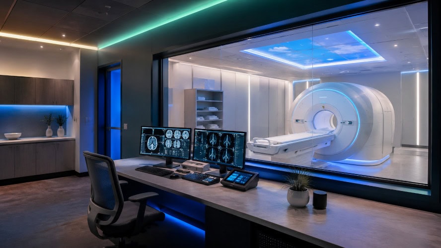 Moderne Praxiseinrichtung der Radiologie mit Kontrollraum und Blick auf ein MRT-Gerät durch eine Glasscheibe.