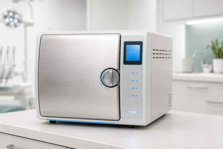 Tischautoklav im Einsatz zur Sterilisation von medizinischen Instrumenten Moderner Autoklav-Sterilisator für die Podologie-Praxis auf einer hellen Arbeitsfläche.