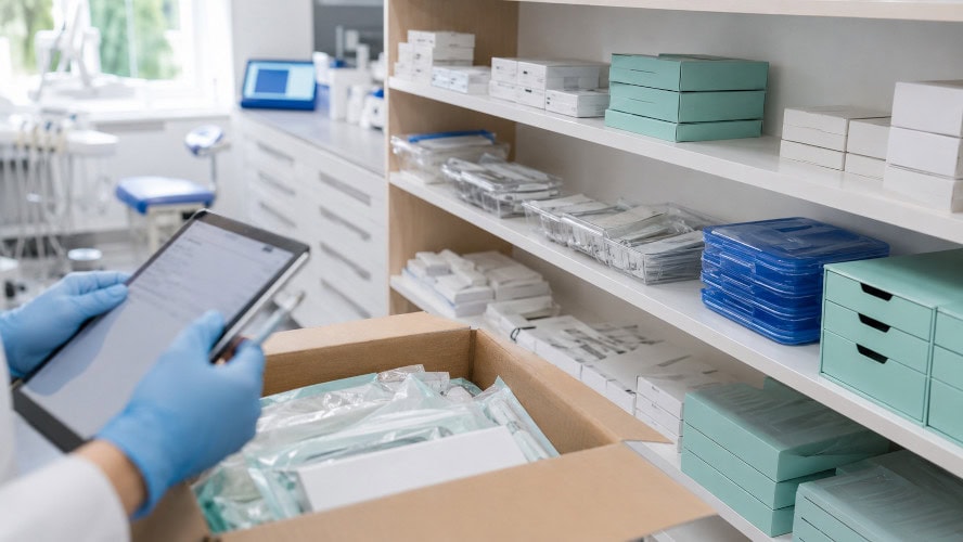 Hände mit blauen Handschuhen halten ein Tablet über einem Karton mit Dentalmaterialien vor gefüllten Regalen.