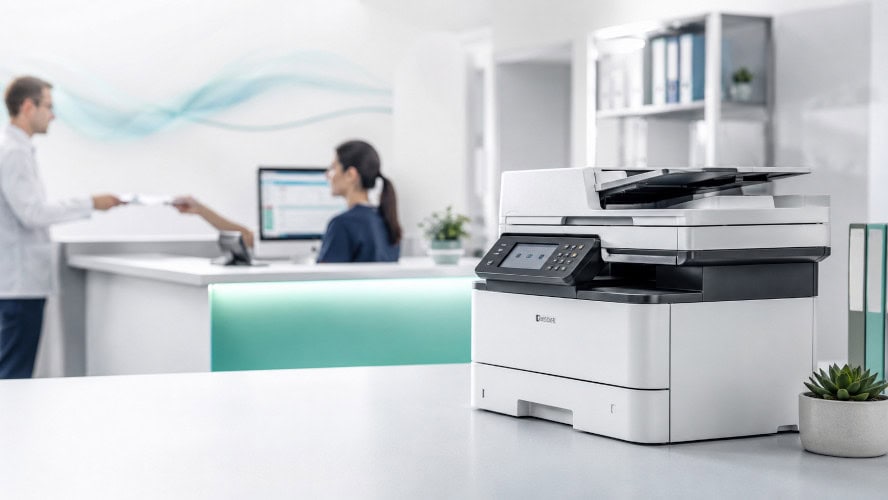 Ein moderner Multifunktionsdrucker im Empfangsbereich einer Arztpraxis mit Personal im Hintergrund.