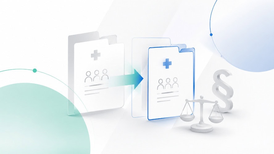 Illustration zum rechtssicheren Patientenstamm-Verkauf mit zwei Patientenordnern, Waage und Paragrafensymbol.