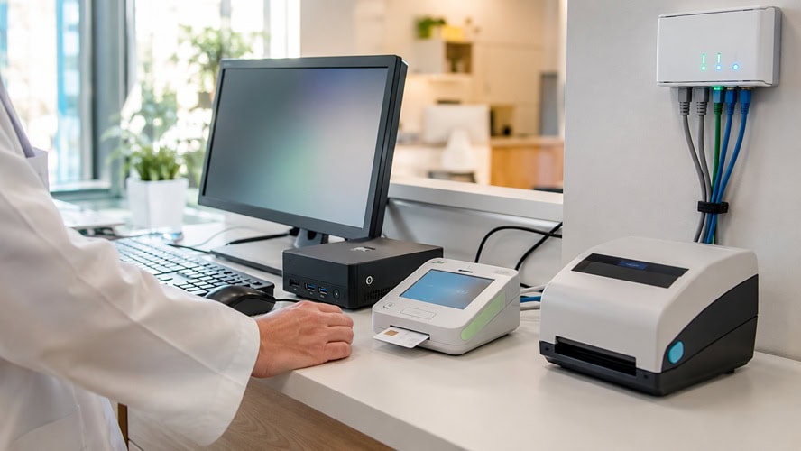 Praxis-Hardware an einem Empfangstresen mit E-Health-Kartenleser, Drucker, Monitor und Netzwerkanschluss.