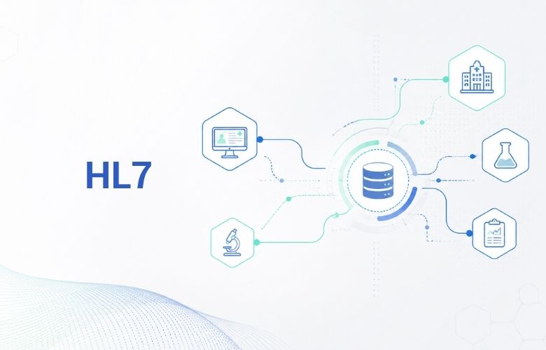 Der Schriftzug HL7 und eine Datenbank, verbunden mit medizinischen Icons wie Krankenhaus, Labor und Patientendaten.