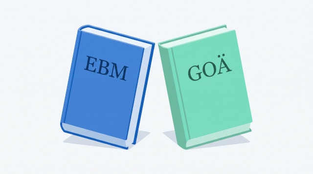Ein blaues Buch mit der Aufschrift EBM lehnt an einem grünen Buch mit der Aufschrift GOÄ.