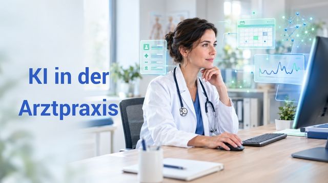 Ärztin am Schreibtisch vor Monitor mit digitalen Benutzeroberflächen und dem Schriftzug KI in der Arztpraxis.