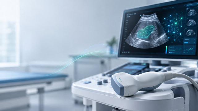 Ein modernes Ultraschallgerät mit Sonde. Der Monitor zeigt einen Scan mit leuchtenden Netzwerkknoten als KI-Analyse.