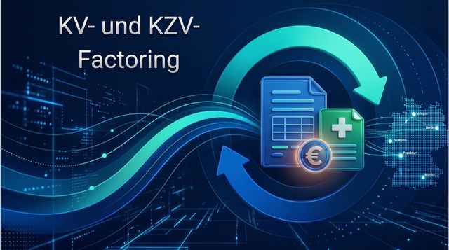 Euro-Münze, Dokument mit medizinischem Kreuz und Kreislauf-Pfeile neben dem Text KV- und KZV-Factoring.