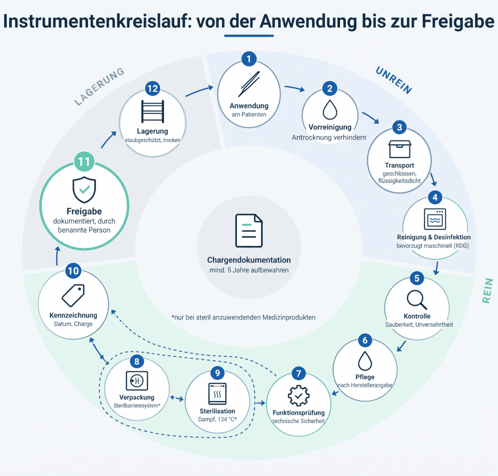 Instrumentenaufbereitung in einem Sterilisationsraum mit moderner Ausrüstung Kreisförmiges Diagramm zum Instrumentenkreislauf mit 12 Phasen von der Anwendung bis zur Lagerung und Dokumentation.