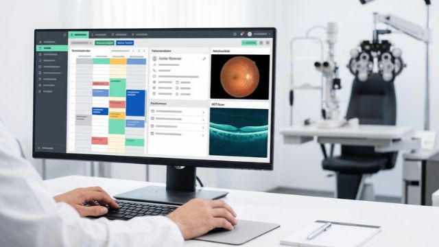 Arzt am Monitor mit Praxissoftware für Augenärzte mit Terminplaner, Netzhautbild und Sehprüfgeräten im Hintergrund.