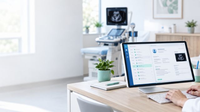 Monitor mit Praxissoftware für Gynäkologie auf einem Schreibtisch vor einem Ultraschallgerät im Behandlungsraum.