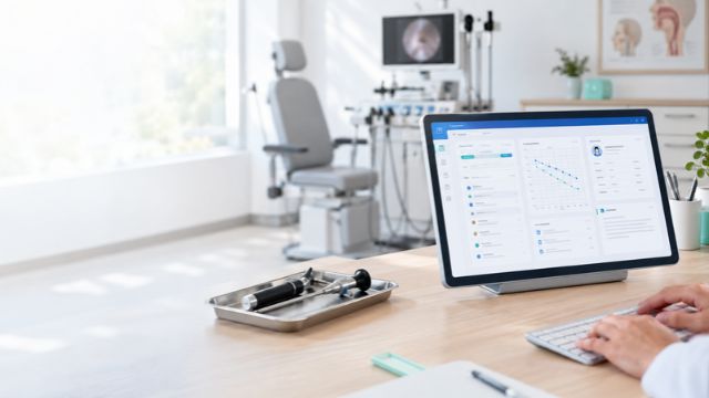Modernes HNO-Behandlungszimmer mit Praxissoftware auf dem Tablet, die ein Audiogramm und Patientendaten zeigt.