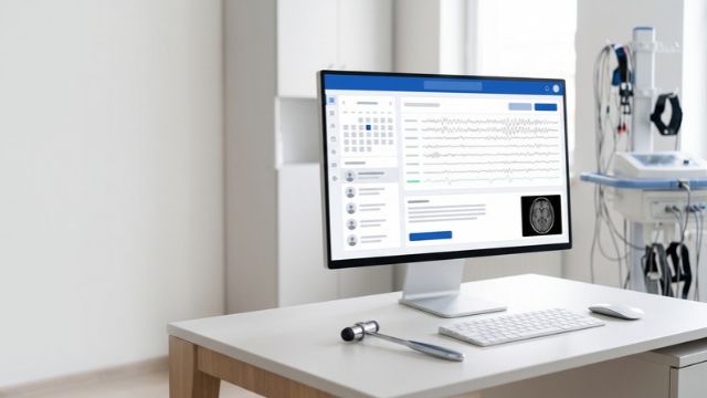 Monitor mit Praxissoftware für Neurologie, EEG-Signalen und MRT-Scan auf Schreibtisch mit Reflexhammer.