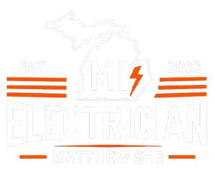 Michigan electrician logo with map and lightning bolt, representing electrical services in 2023.