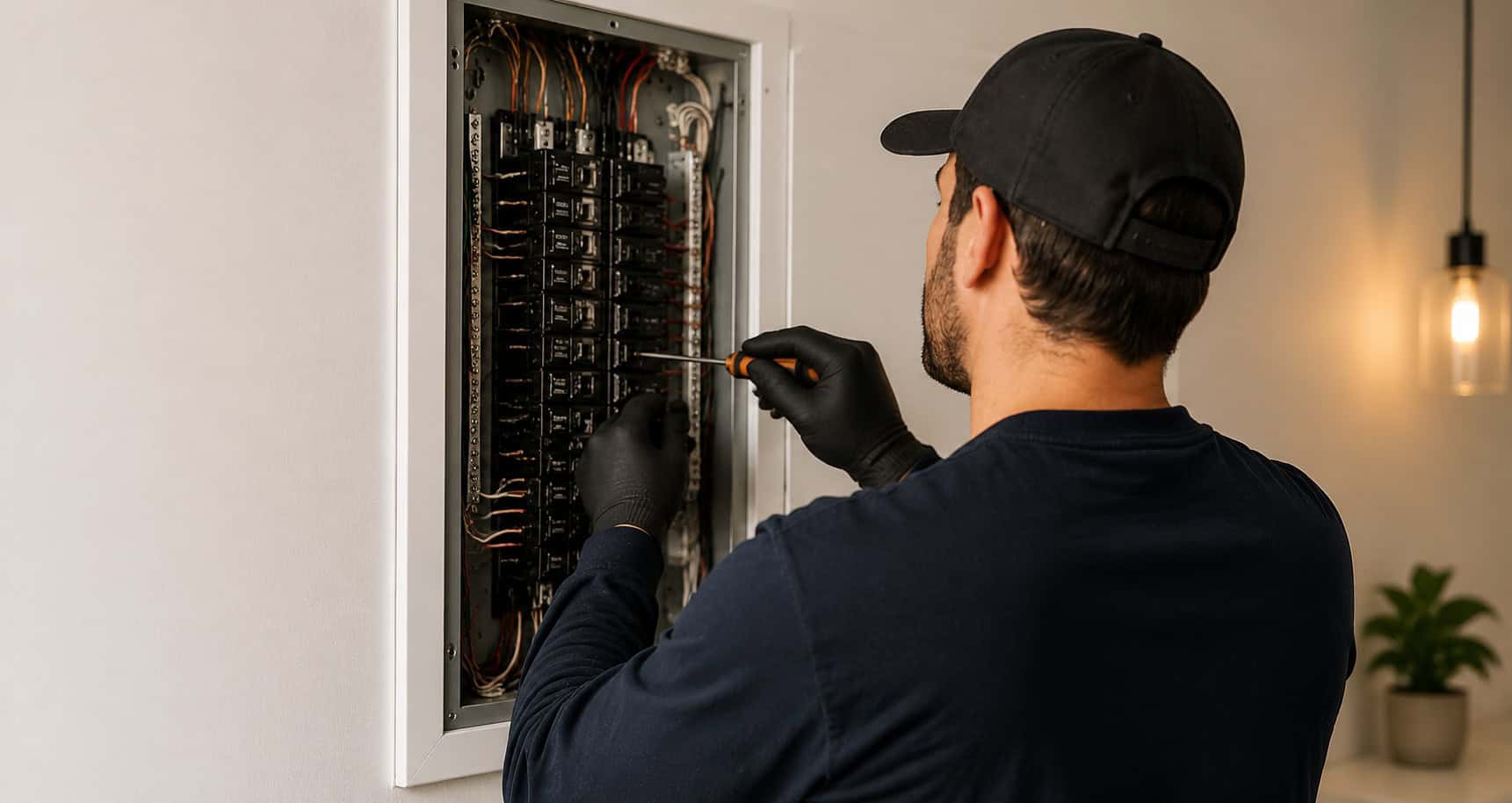Electrical technician troubleshooting electrical panel for safe wiring.